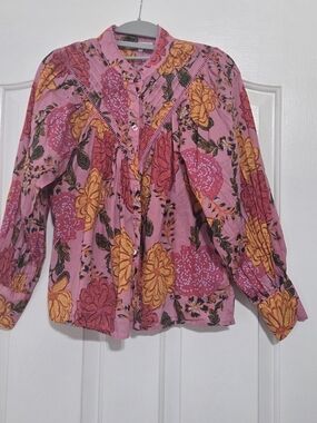 Olivaceous Pink Floral Button-Up Blouse with Yellow Accents